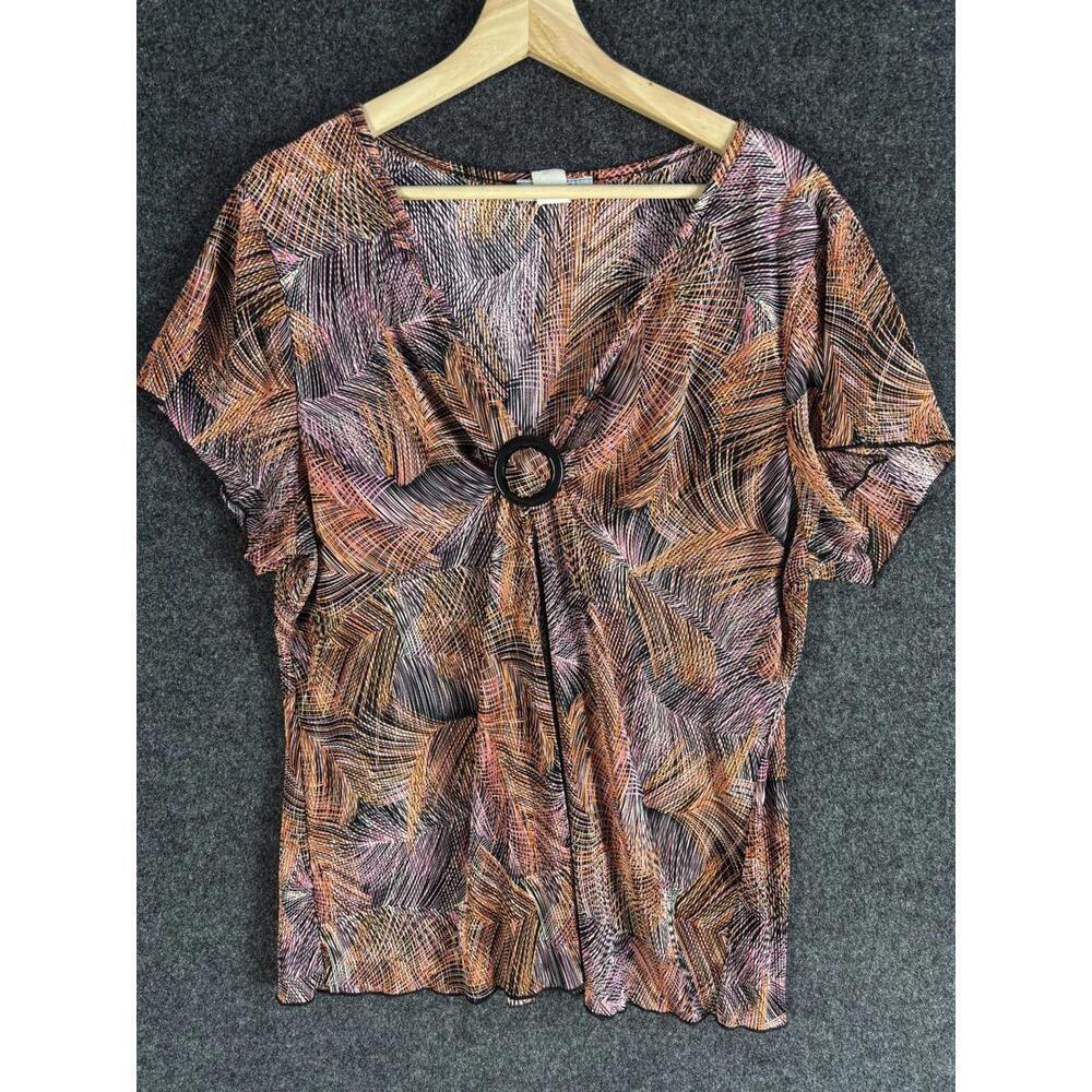 Only 9 Blouse Women 2X Plus Brown Colorblock Short Sleeve V-Neck Pullover Casual